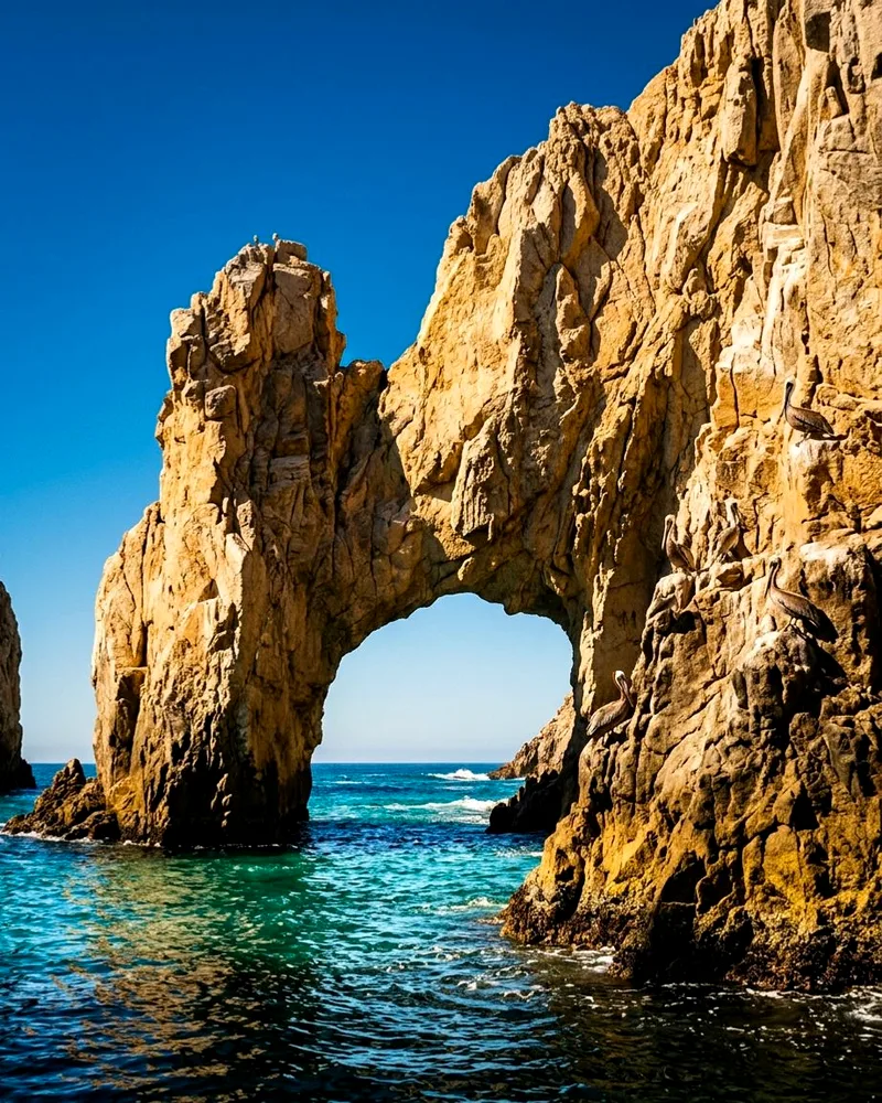 Vertical view of El Arco granite arch with turquoise water beneath