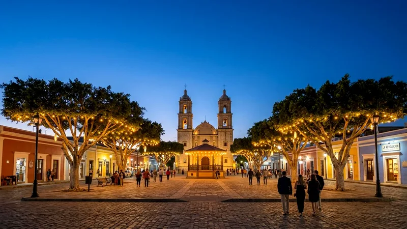 Mission San José church and Plaza Mijares at dusk in San José del Cabo
