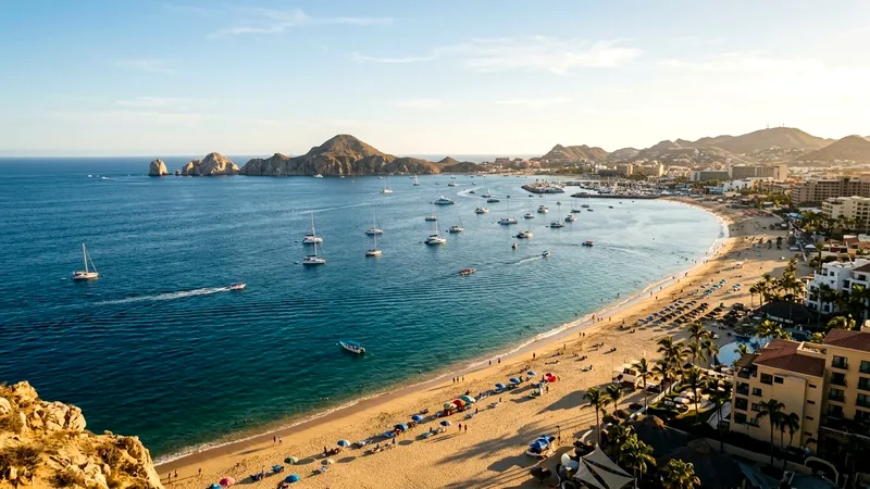 Wide view of Médano Beach curving along calm blue Cabo San Lucas bay