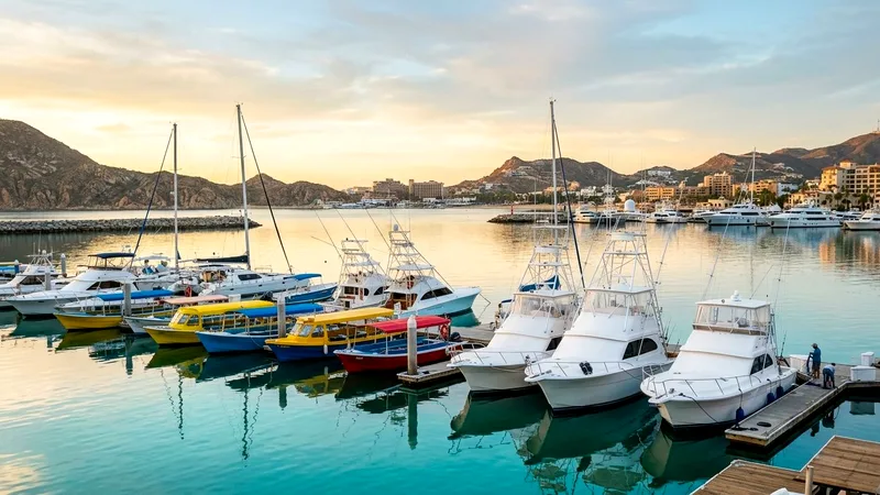 Glass-bottom water taxis and fishing boats moored in Cabo San Lucas Marina