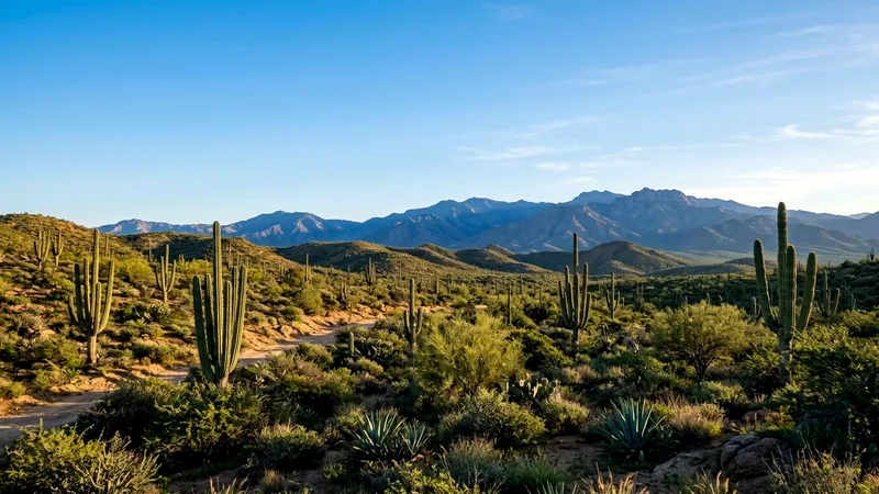 Desert hills with tall cardón cacti and distant blue mountains at golden hour