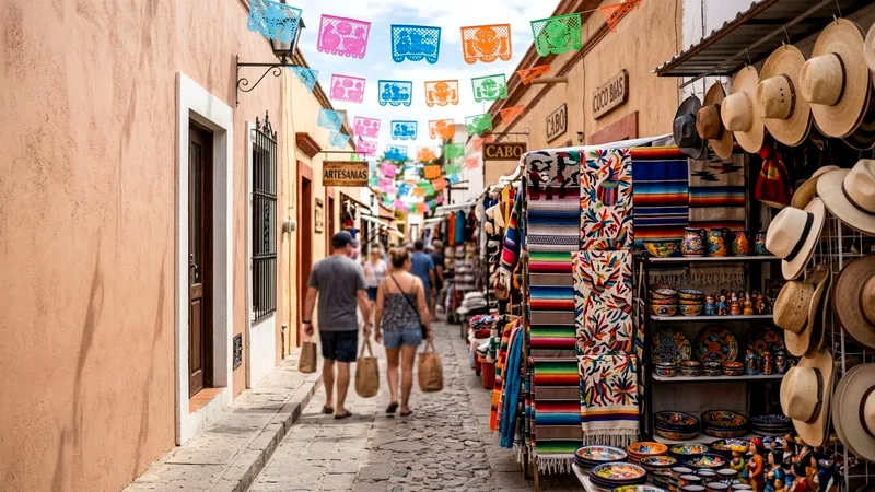 Market stall with colorful woven blankets and painted pottery in Cabo