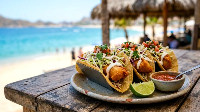 Baja-style fish tacos with lime and salsa on a wooden beach table
