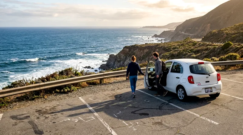 Two travelers exiting rental car at Pacific Ocean viewpoint overlooking the coast.