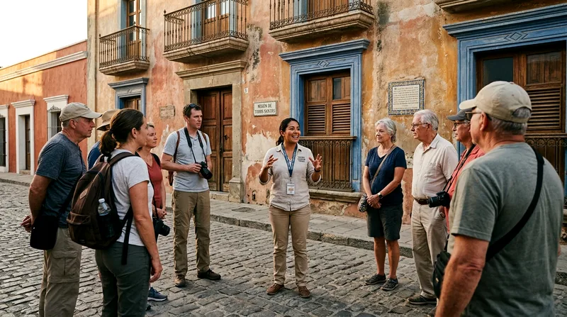 Tour guide explaining building history to group of tourists in Todos Santos.