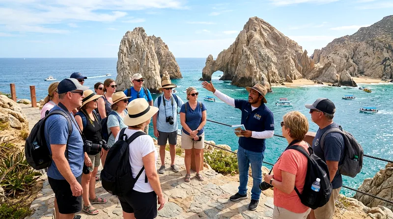 Guided excursion group on Cabo day trip tour learning about local landmarks