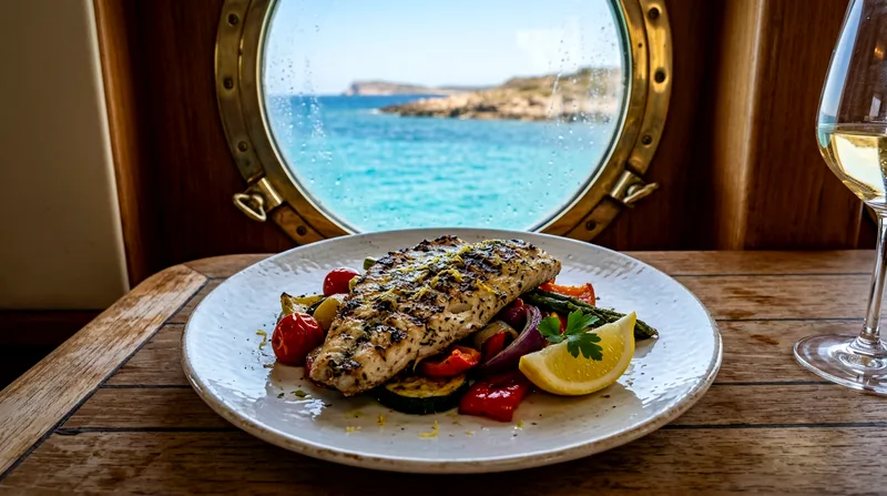 Plated grilled fish dinner on a yacht table with a sea view through the cabin window.