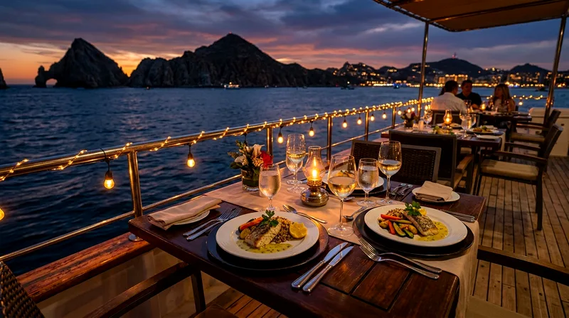 Plated dinner service on a Cabo dinner cruise boat deck at dusk