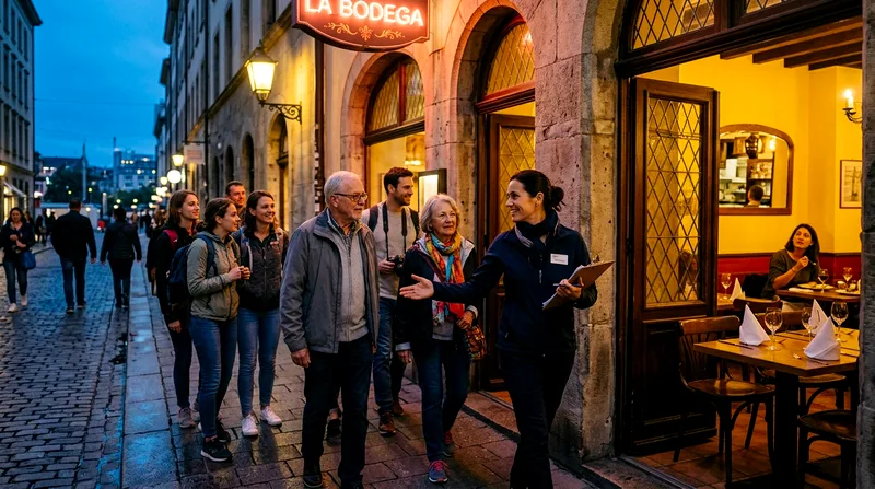 Food tour group entering a small restaurant with their guide holding a clipboard.