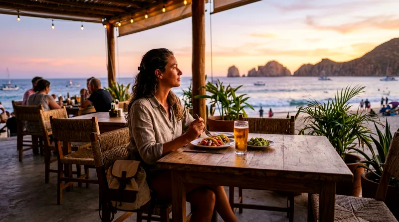 Solo traveler dining independently near Medano Beach in Cabo San Lucas at sunset