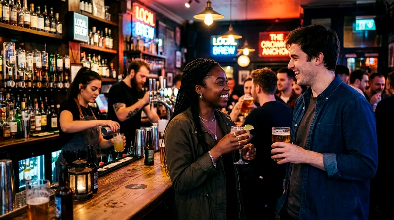 Two solo travelers talking and smiling at a busy nightclub bar counter.
