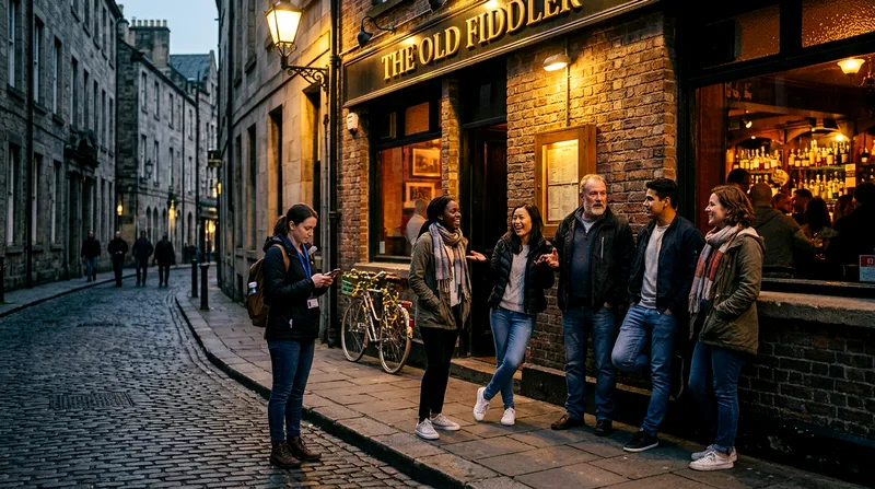 Group of solo travelers relaxing on a downtown street between bar crawl stops with their guide.