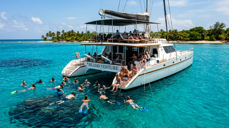Catamaran snorkel cruise with passengers swimming and others relaxing on the shaded deck.