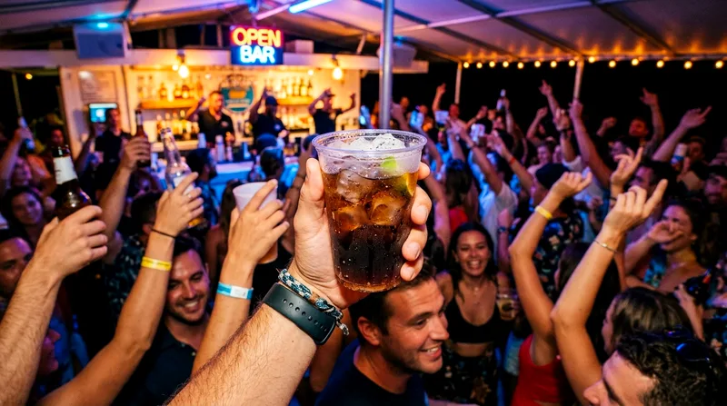 Plastic cup with well liquor and soda held high by a party boat passenger amid dancing crowd.