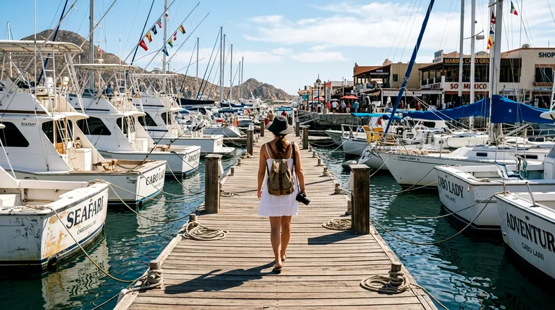 Visitor walking along Marina Cabo waterfront lined with moored charter boats.