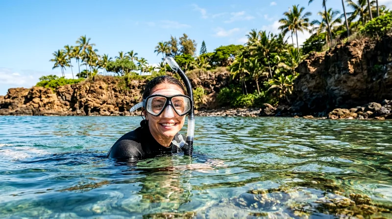 Snorkeler in Chileno Bay cove with rocky shore and palms behind.
