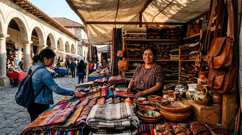 Vendor at San José del Cabo artisan market stall with textiles and handcrafted goods.