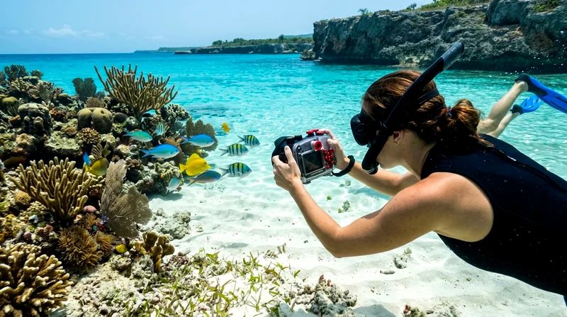Snorkeler photographing reef fish with underwater camera at Chileno Bay.