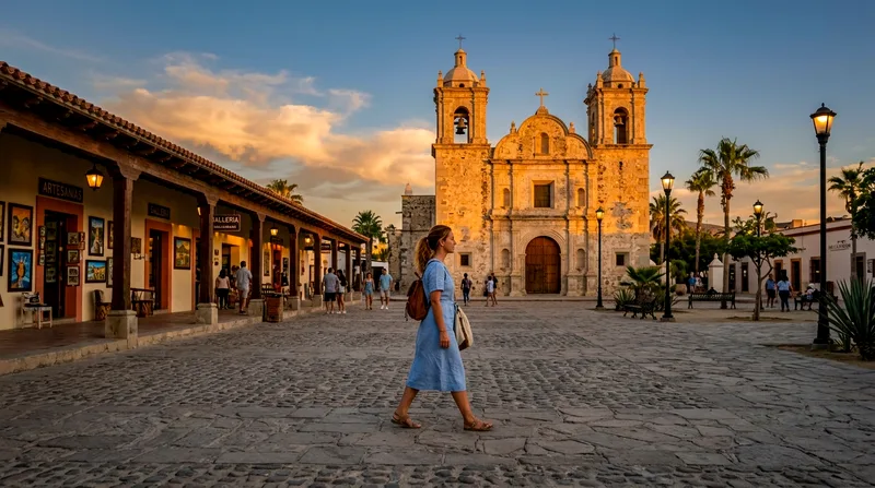 Visitor in San José del Cabo plaza at dusk with mission church and colonial arcades.
