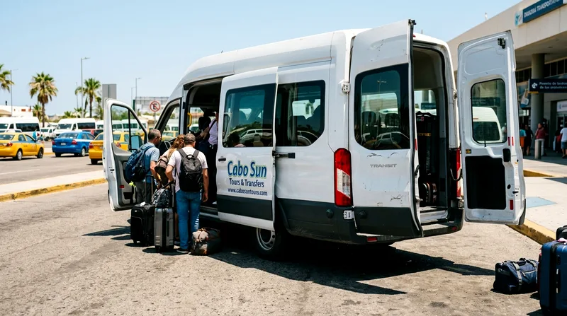 Shared shuttle van at airport ground transportation area with passengers boarding with luggage.