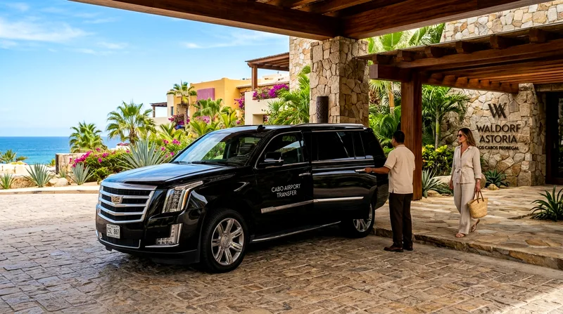 Private car Cabo San Lucas airport transfer parked at hotel entrance