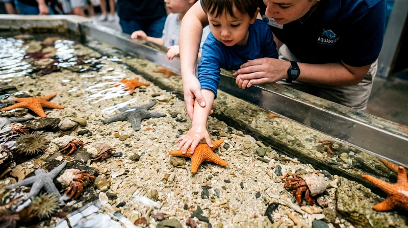 Child touching sea star in touch pool with staff supervision.