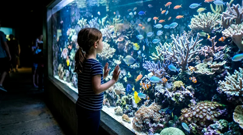 Visitor viewing juvenile fish and coral in aquarium exhibit tank.