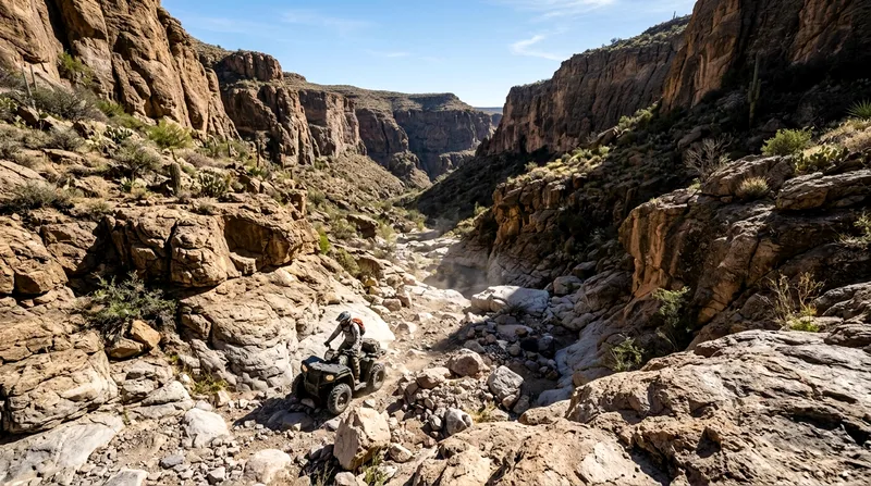 ATV rider navigating a rocky desert arroyo with high canyon walls.