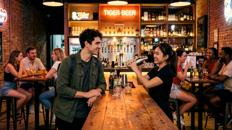 Solo male traveler chatting with a bartender at a casual nightlife venue.