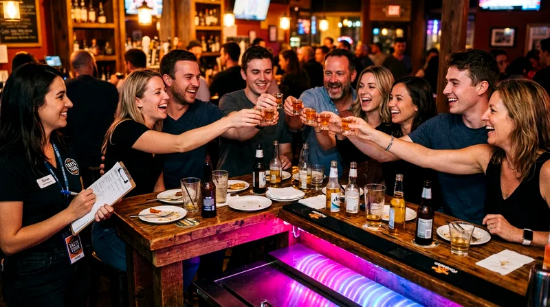 Group of crawl participants toasting with shot glasses at a bar station.