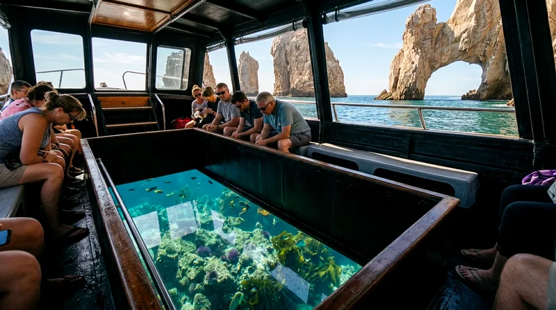 Passengers viewing sea lions through glass-bottom boat panel near El Arco.