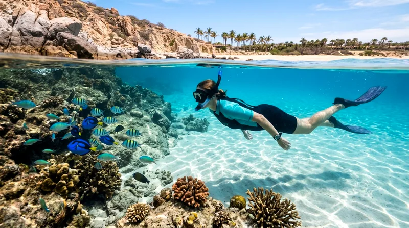 Snorkeler in clear water at Chileno Bay with rocky shore and vegetation visible.