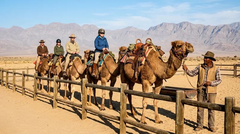 Four camel riders lined up at desert ranch corral ready for departure.