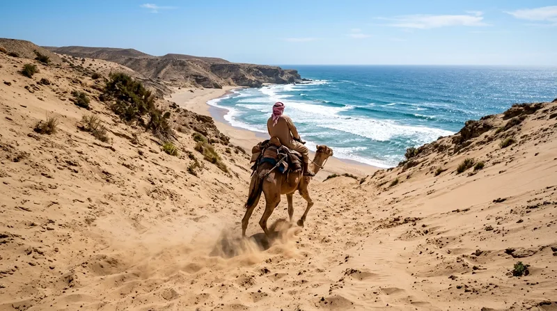Camel descending steep sand slope toward Pacific coast beach.