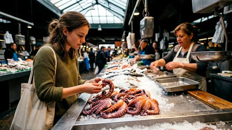 Woman selecting fresh octopus at a busy downtown Cabo market stall.