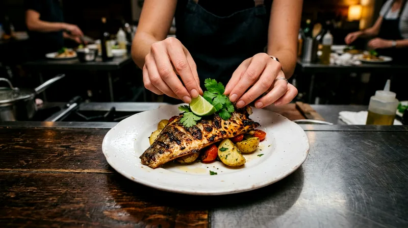 Student plating a finished dorado dish with lime and cilantro garnish.