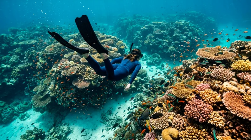 Snorkeler descending above coral formations at Cabo Pulmo National Park with fish.