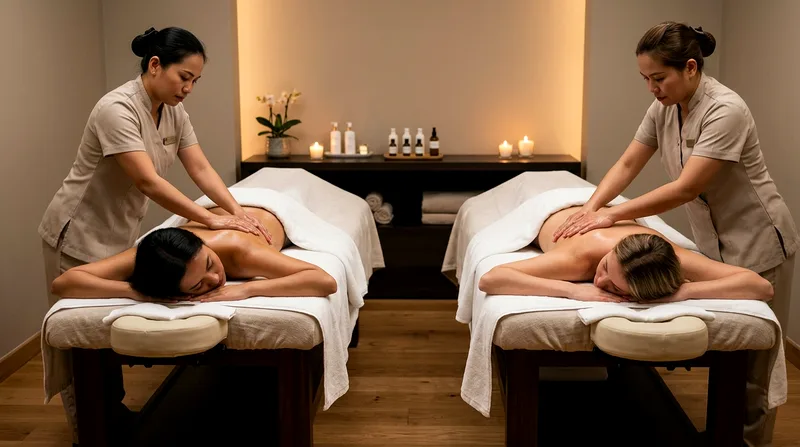 Couple receiving side-by-side spa massage treatments at wellness facility.