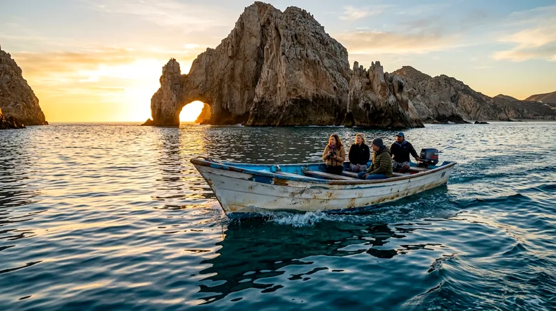 Small panga boat with four passengers heading toward El Arco rock arch in morning light.