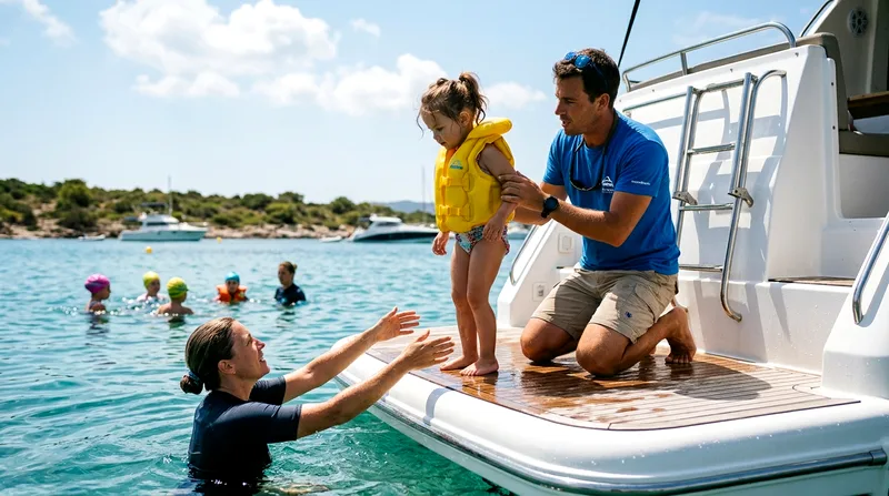 Young child assisted onto a boat's swim platform by crew with parent standing ready in the water.
