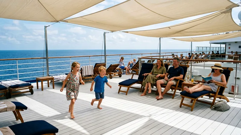 Children playing on a shaded catamaran deck while parents relax in lounge chairs nearby.