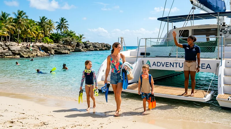 Parent and two children carrying snorkel gear exiting a boat onto Chileno Bay beach.