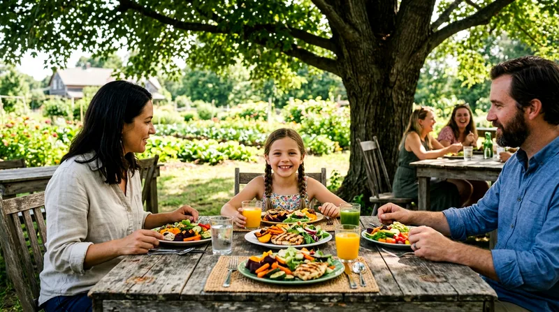 Family of three enjoying lunch at a shaded table surrounded by farm gardens at Flora Farms.