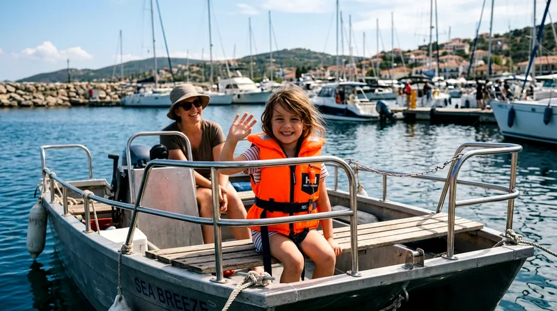 Young child wearing a properly fitted life jacket on a catamaran deck with adult nearby.