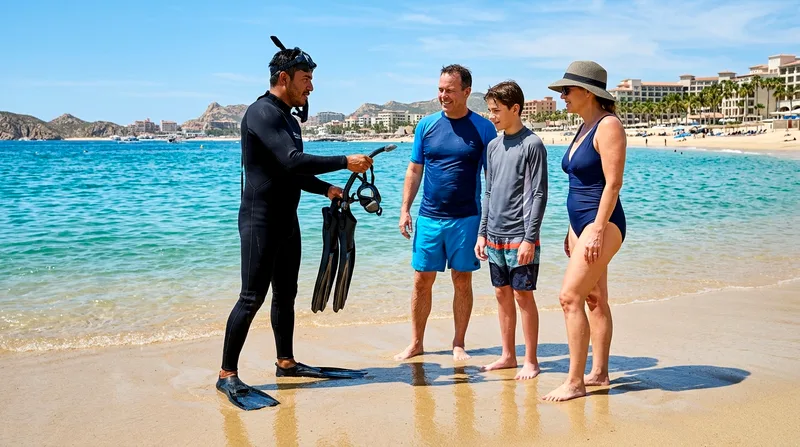 Family standing at water's edge with a snorkel guide holding equipment before entering the bay.
