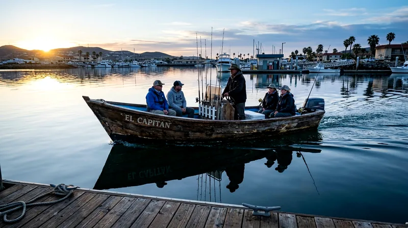 Open panga with four anglers and guide departing Marina Cabo at dawn.