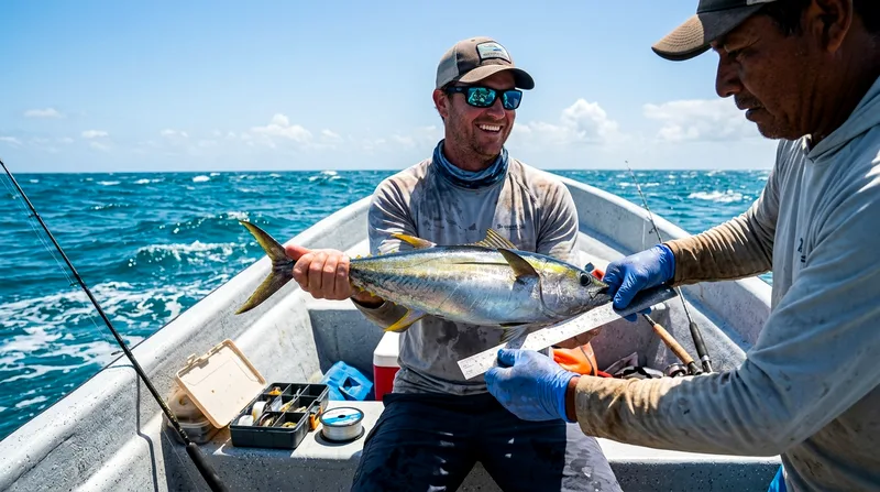 Angler holding yellowfin tuna while guide measures catch on panga.