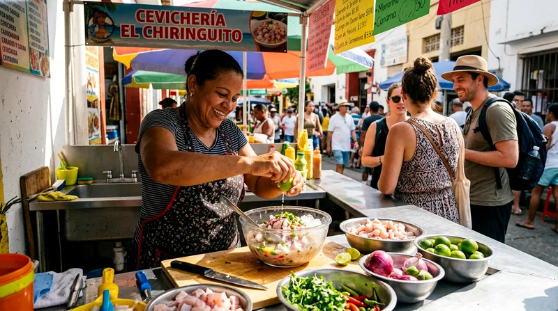 Street food vendor preparing ceviche at a Downtown Cabo kitchen counter with tourists watching.