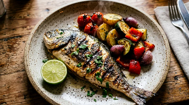 Grilled dorado fillet plated with lime and roasted vegetables on a ceramic dish.