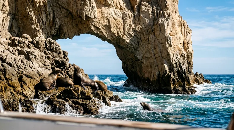 El Arco rock arch at close range with weathered stone texture and sea lions on surrounding rocks.